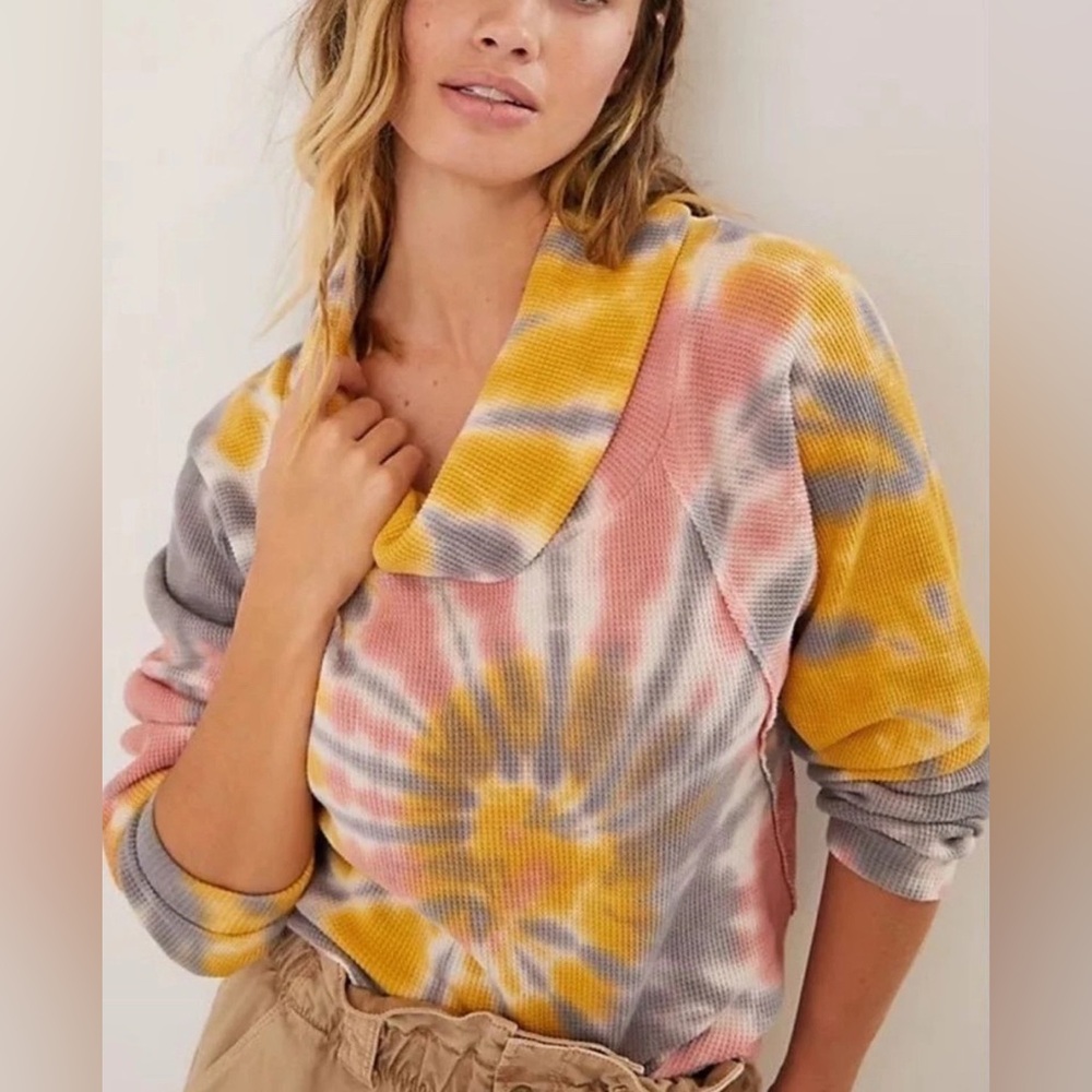 Pilcro Anthropologie Angie Tie Dye Cowl Neck Yellow Thermal Tee Top Fall Waffle - Picture 2 of 7